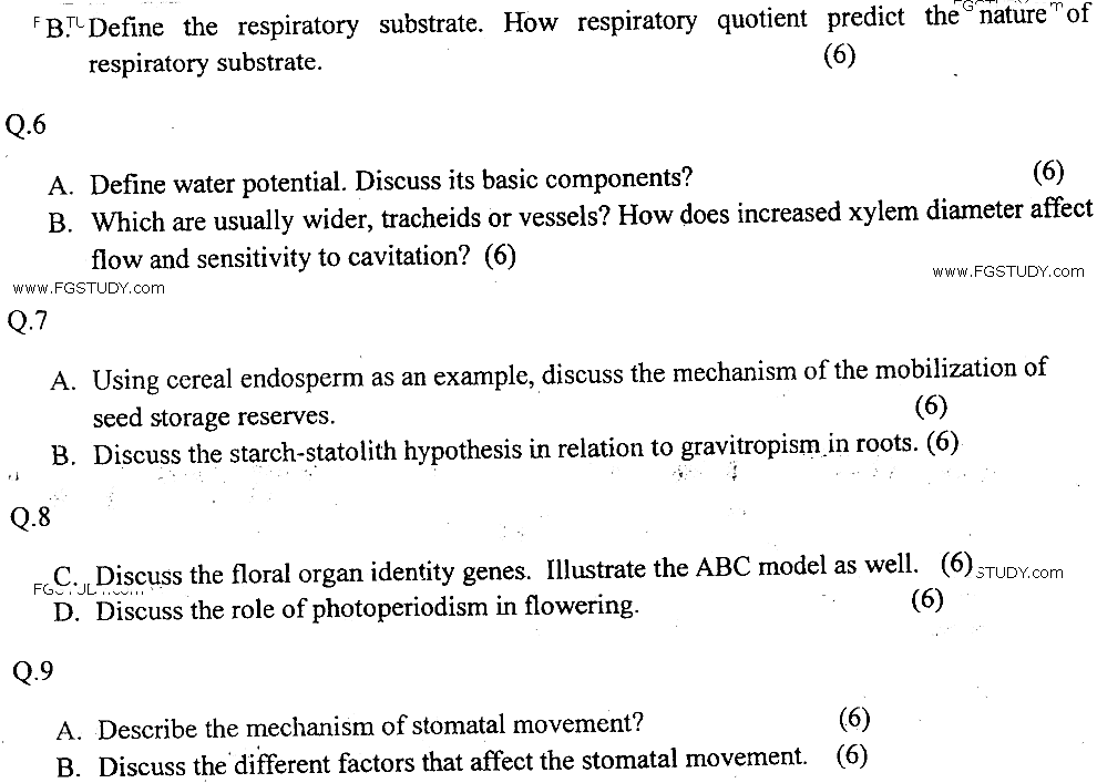 MSc Part 2 Botany Plant Physiology Past Paper 2019 Punjab University Subjective