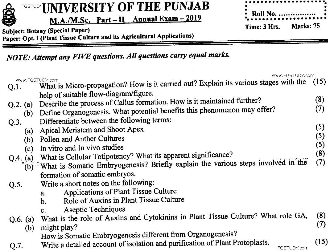 MSc Part 2 Botany Plant Tissue Culture And Its Agricultural Applications Past Paper 2019 Punjab University Subjective