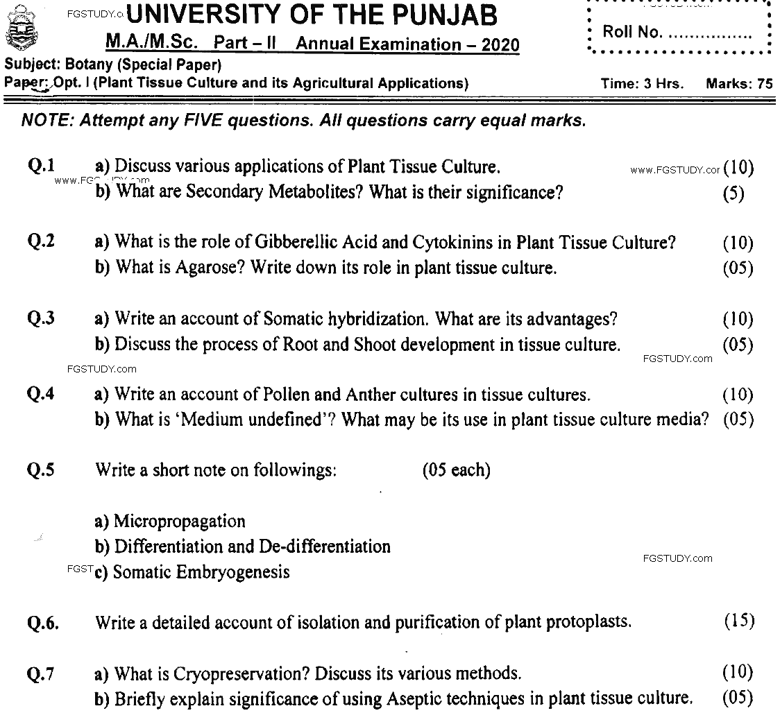MSc Part 2 Botany Plant Tissue Culture And Its Agricultural Applications Past Paper 2020 Punjab University Subjective