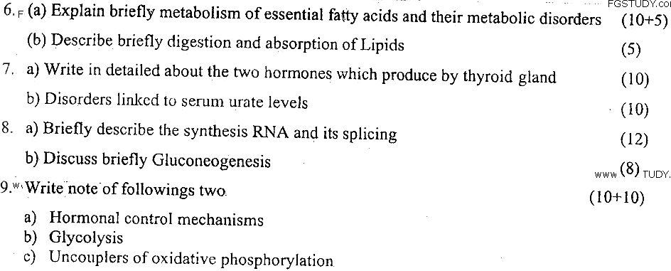 MSc Part 2 Chemistry Biochemistry Past Paper 2019 Punjab University Subjective