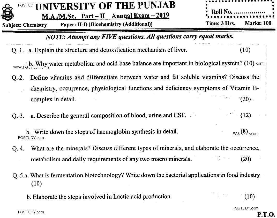 MSc Part 2 Chemistry Biochemistry Past Paper 2019 Punjab University Subjective