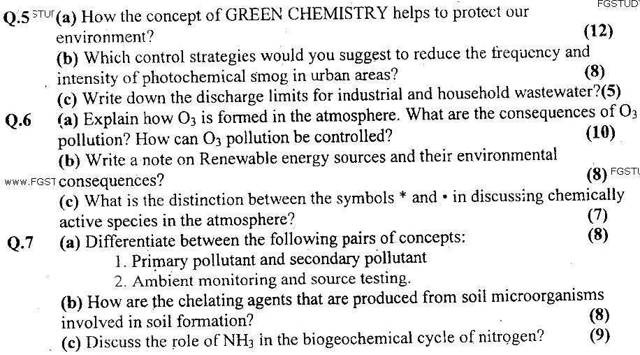 MSc Part 2 Chemistry Environmental Chemistry Past Paper 2019 Punjab University Subjective
