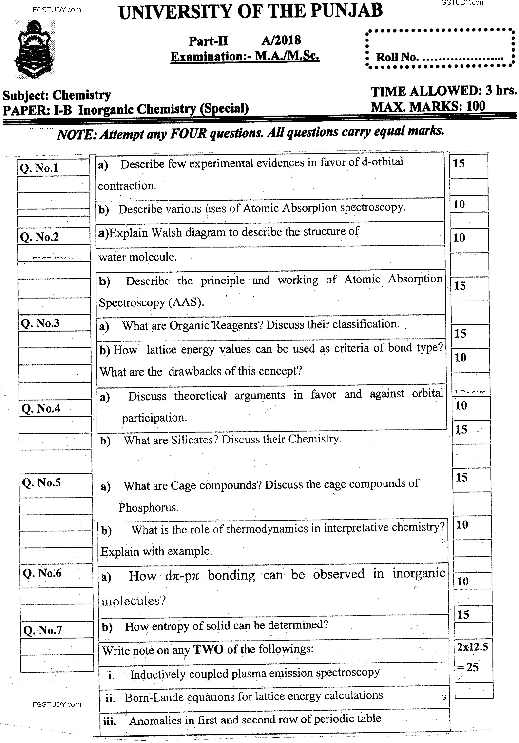 MSc Part 2 Chemistry Inorganic Chemistry Past Paper 2018 Punjab University Subjective