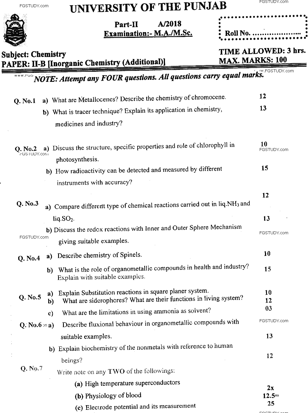 MSc Part 2 Chemistry Inorganic Chemistry Past Paper 2018 Punjab University Subjective