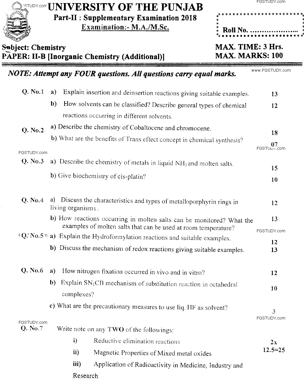 MSc Part 2 Chemistry Inorganic Chemistry Past Paper 2018 Punjab University Subjective