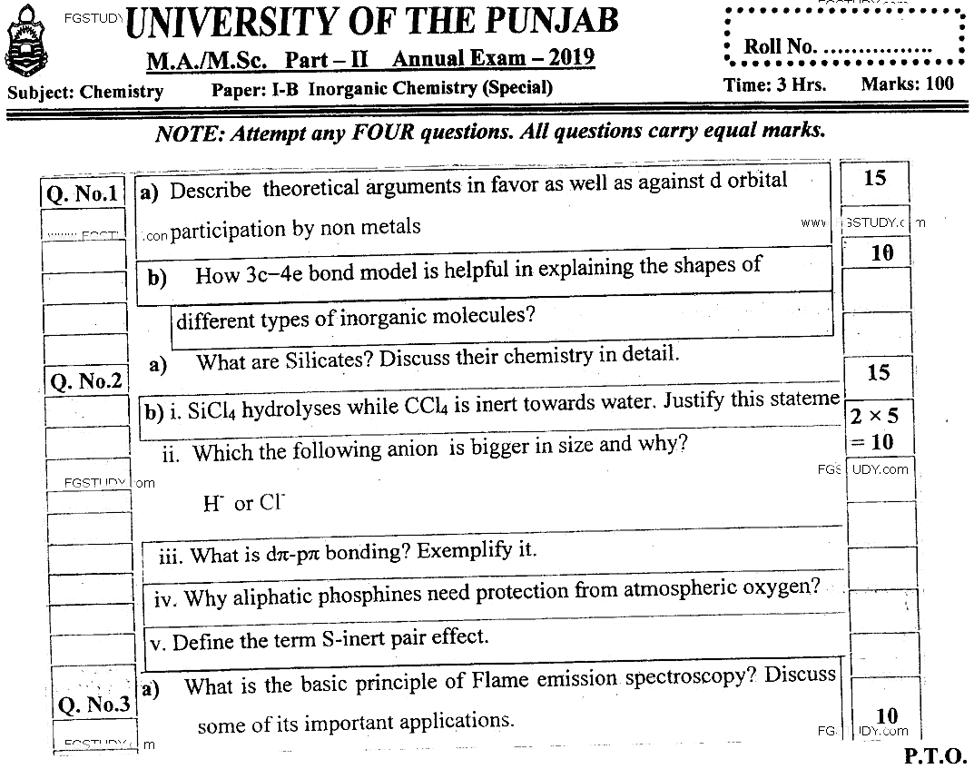 MSc Part 2 Chemistry Inorganic Chemistry Past Paper 2019 Punjab University Subjective