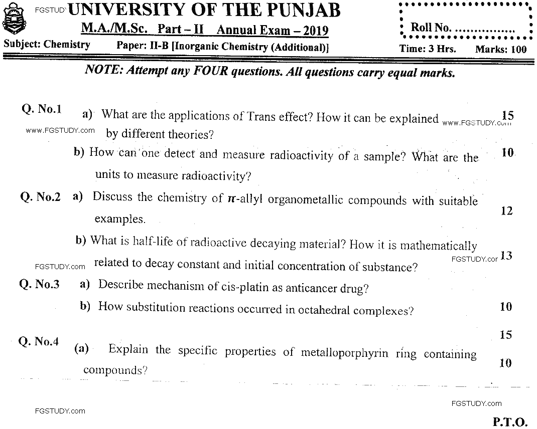 MSc Part 2 Chemistry Inorganic Chemistry Past Paper 2019 Punjab University Subjective