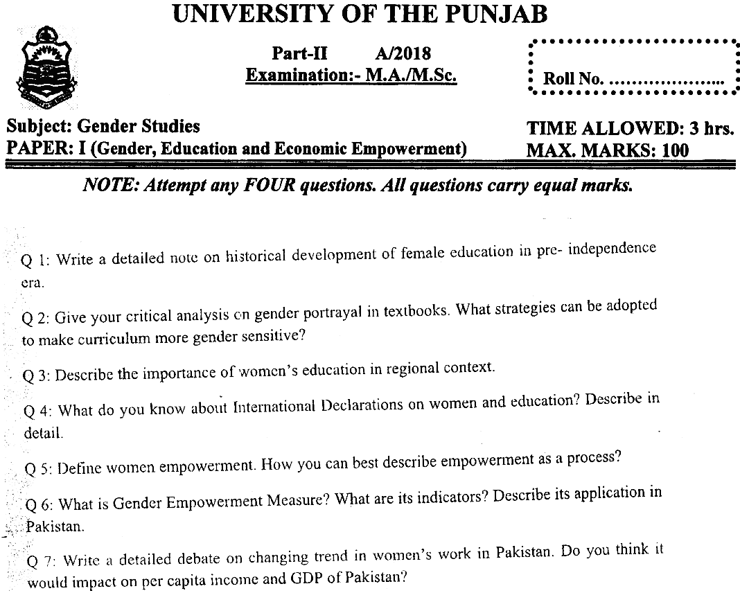 MSc Part 2 Gender Studies Gender Education And Economic Empowerment Past Paper 2018 Punjab University Subjective