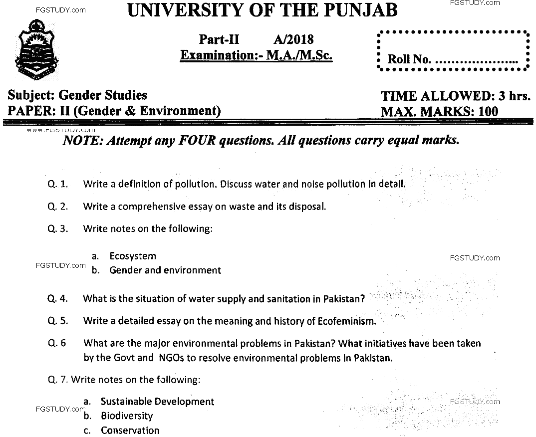 MSc Part 2 Gender Studies Gender And Environment Past Paper 2018 Punjab University Subjective