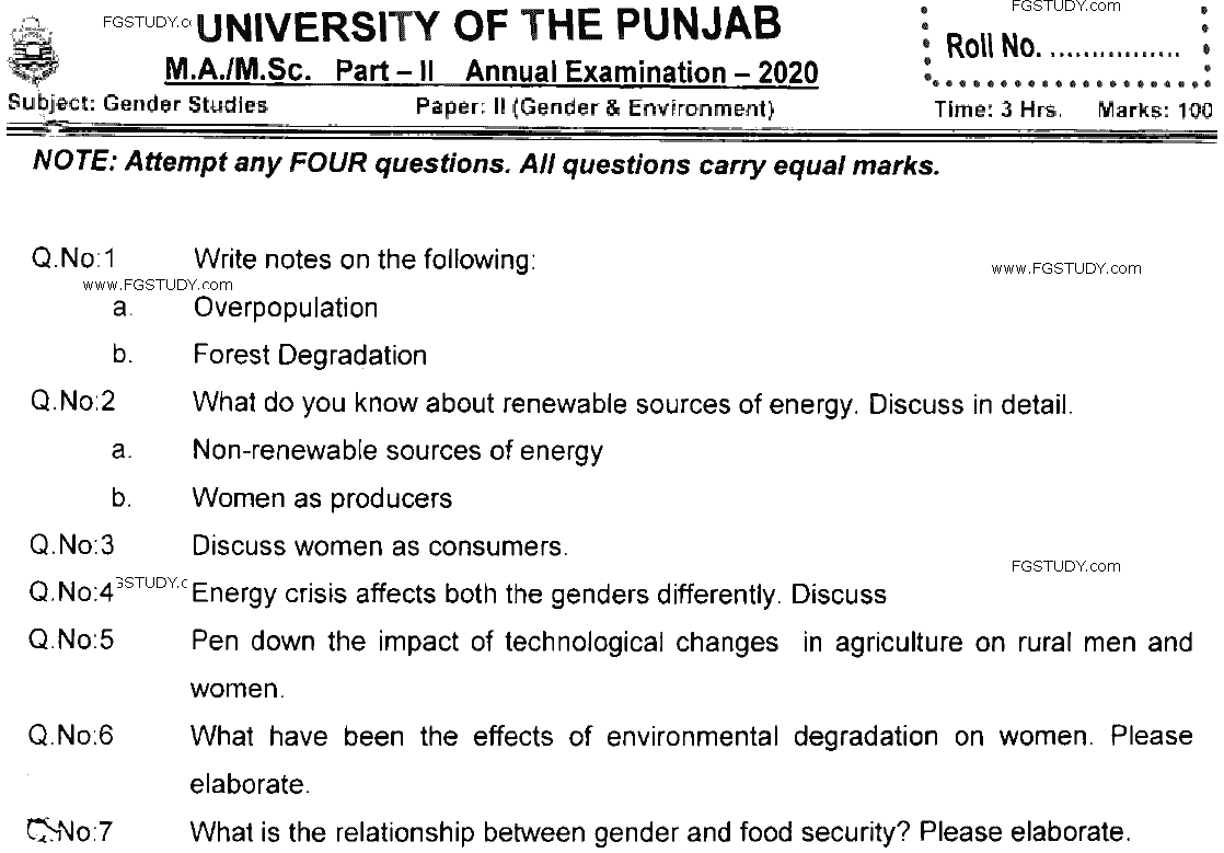 MSc Part 2 Gender Studies Gender And Environment Past Paper 2020 Punjab University Subjective