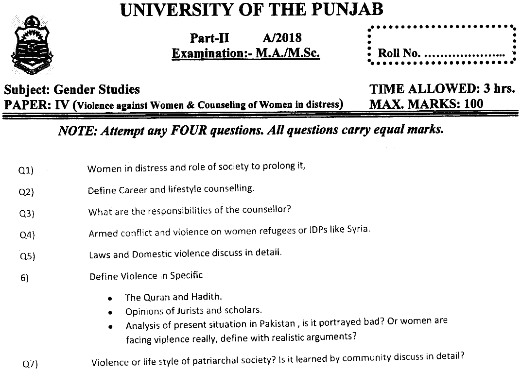 MSc Part 2 Gender Studies Violence Against Women And Counseling Of Women In Distress Past Paper 2018 Punjab University Group A Subjective
