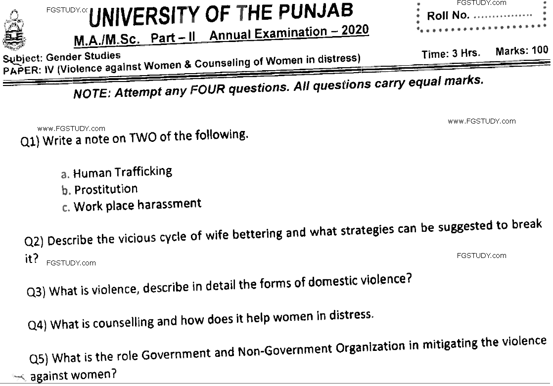 MSc Part 2 Gender Studies Violence Against Women And Counseling Of Women In Distress Past Paper 2020 Punjab University Group A Subjective
