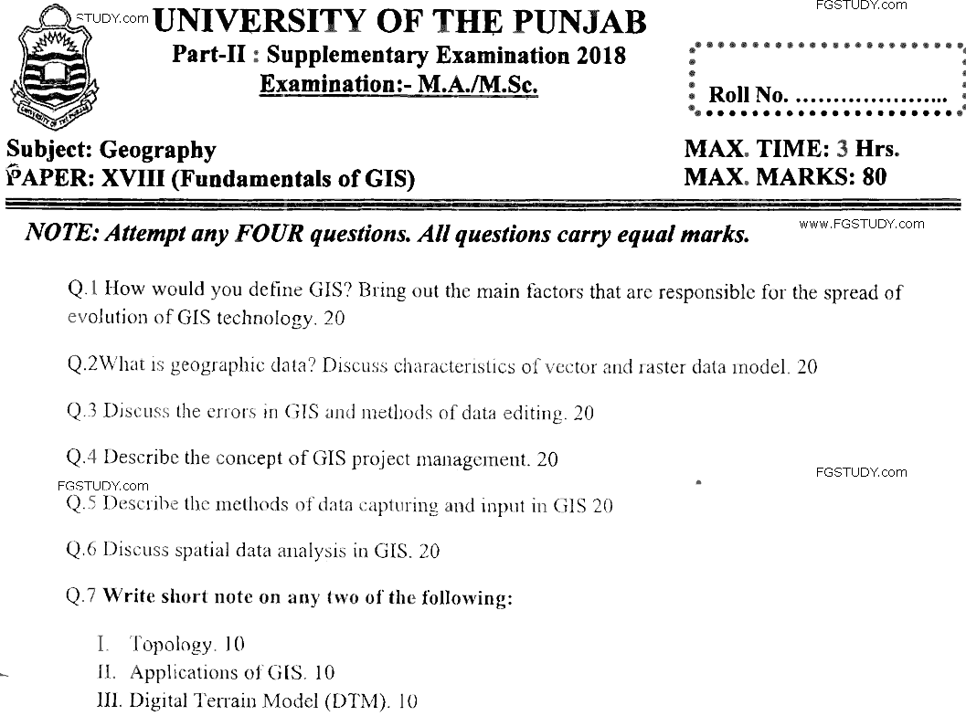 MSc Part 2 Geography Fundamentals Of Gis Past Paper 2018 Punjab University Subjective