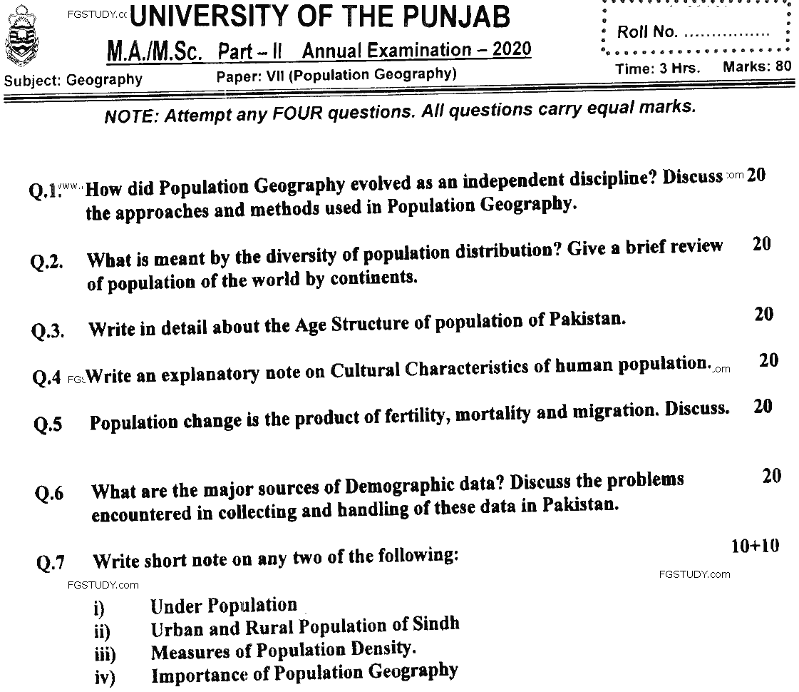 MSc Part 2 Geography Population Geography Past Paper 2020 Punjab University Subjective