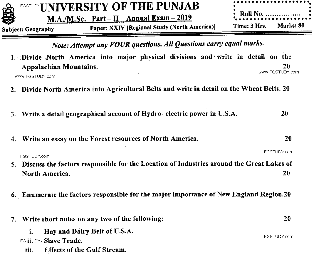 MSc Part 2 Geography Regional Study North America Past Paper 2019 Punjab University Subjective