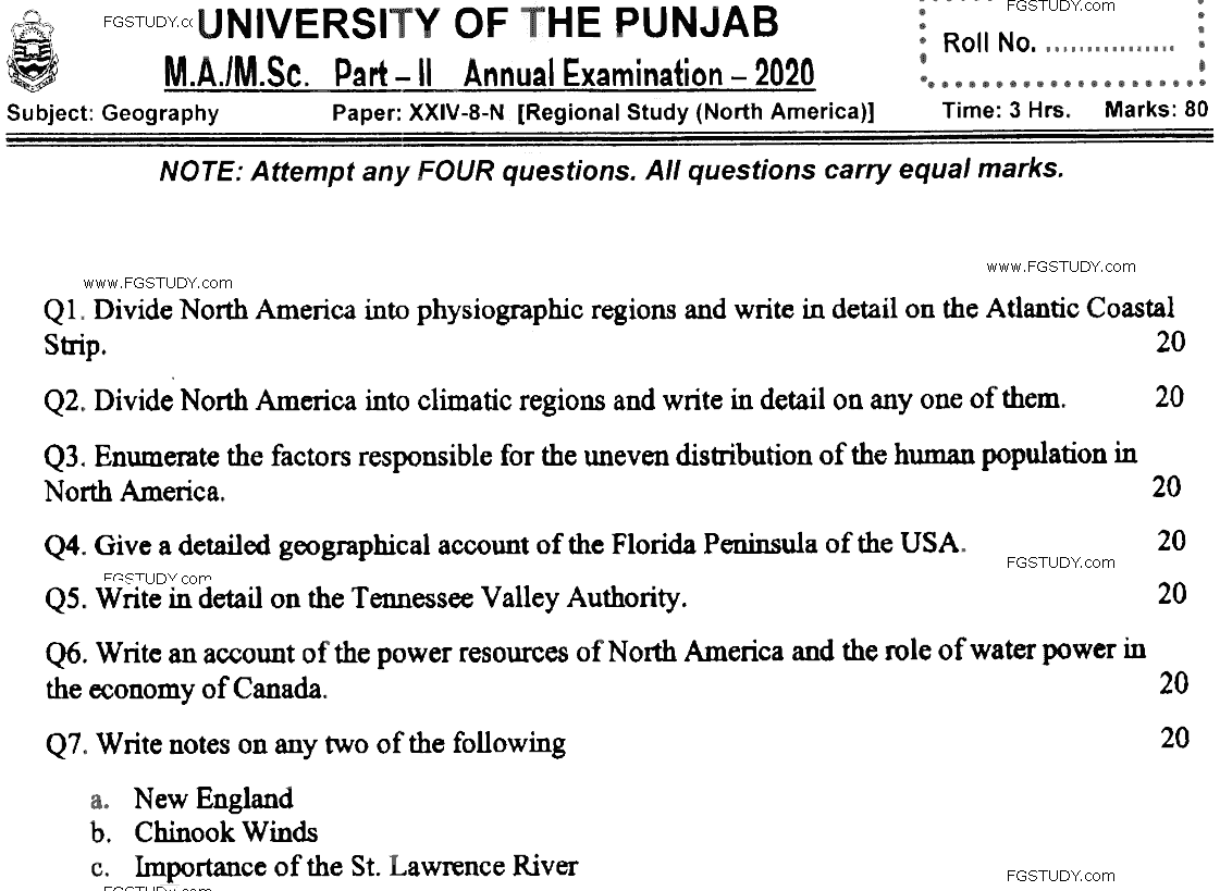 MSc Part 2 Geography Regional Study North America Past Paper 2020 Punjab University Subjective