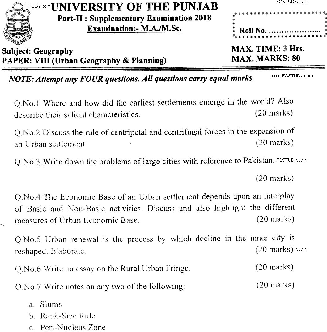 MSc Part 2 Geography Urban Geography And Planning Past Paper 2018 Punjab University Subjective