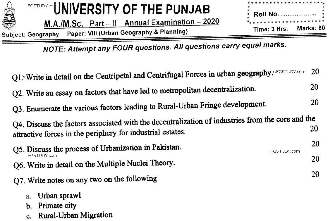 MSc Part 2 Geography Urban Geography And Planning Past Paper 2020 Punjab University Subjective