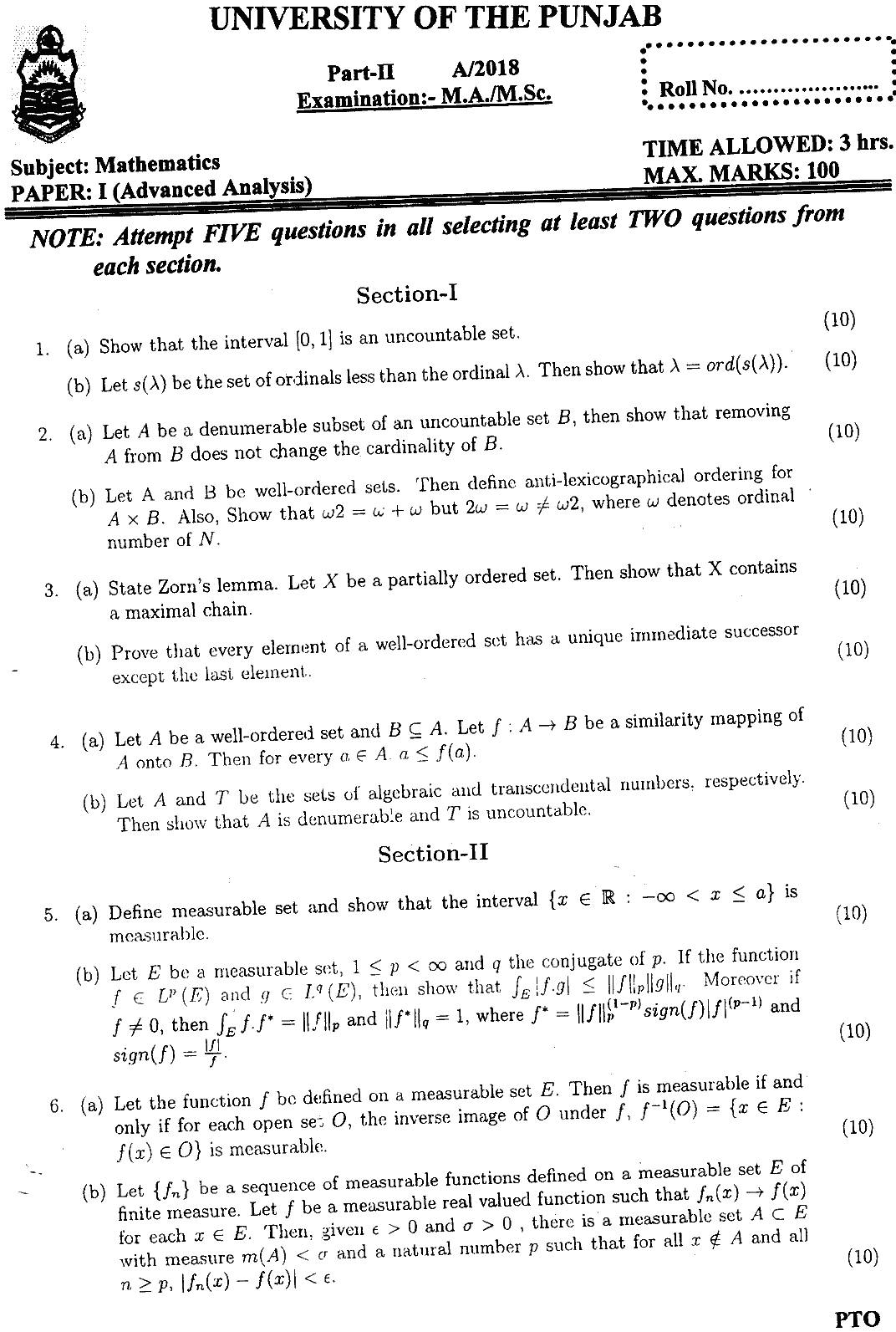 MSc Part 2 Mathematics Advanced Analysis Past Paper 2018 Punjab University Subjective