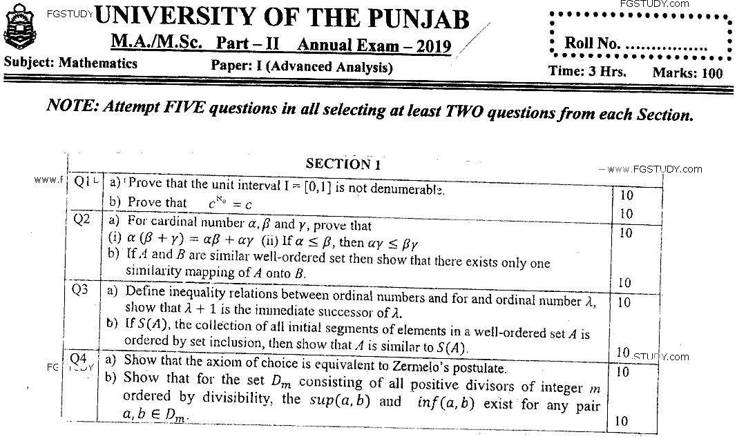 MSc Part 2 Mathematics Advanced Analysis Past Paper 2019 Punjab University Subjective