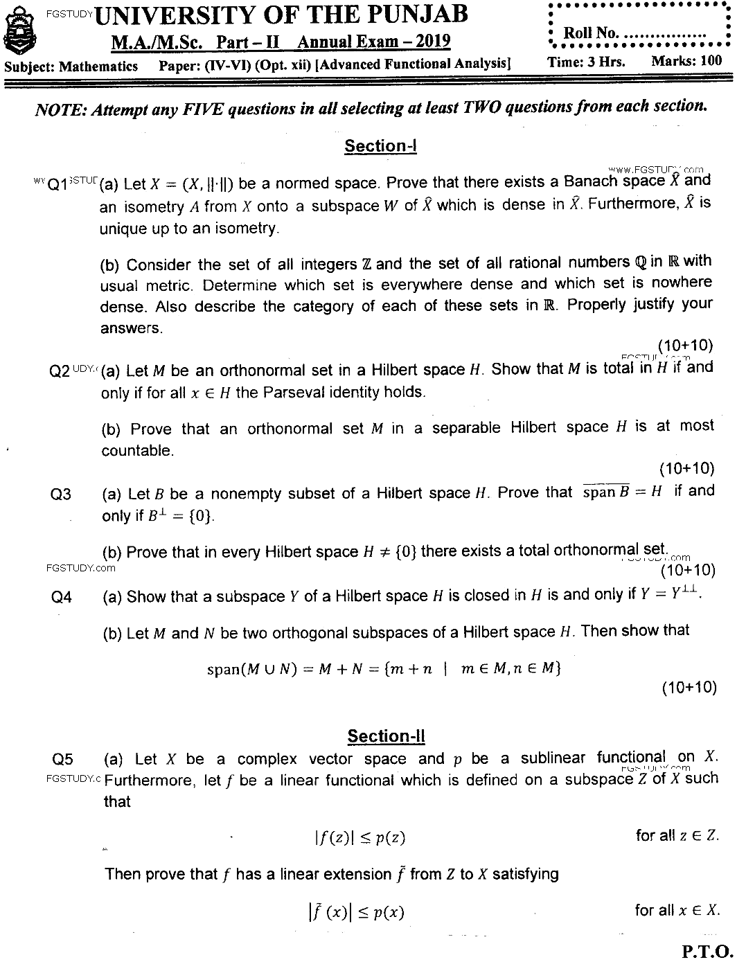 MSc Part 2 Mathematics Advanced Functional Analysis Past Paper 2019 Punjab University Subjective