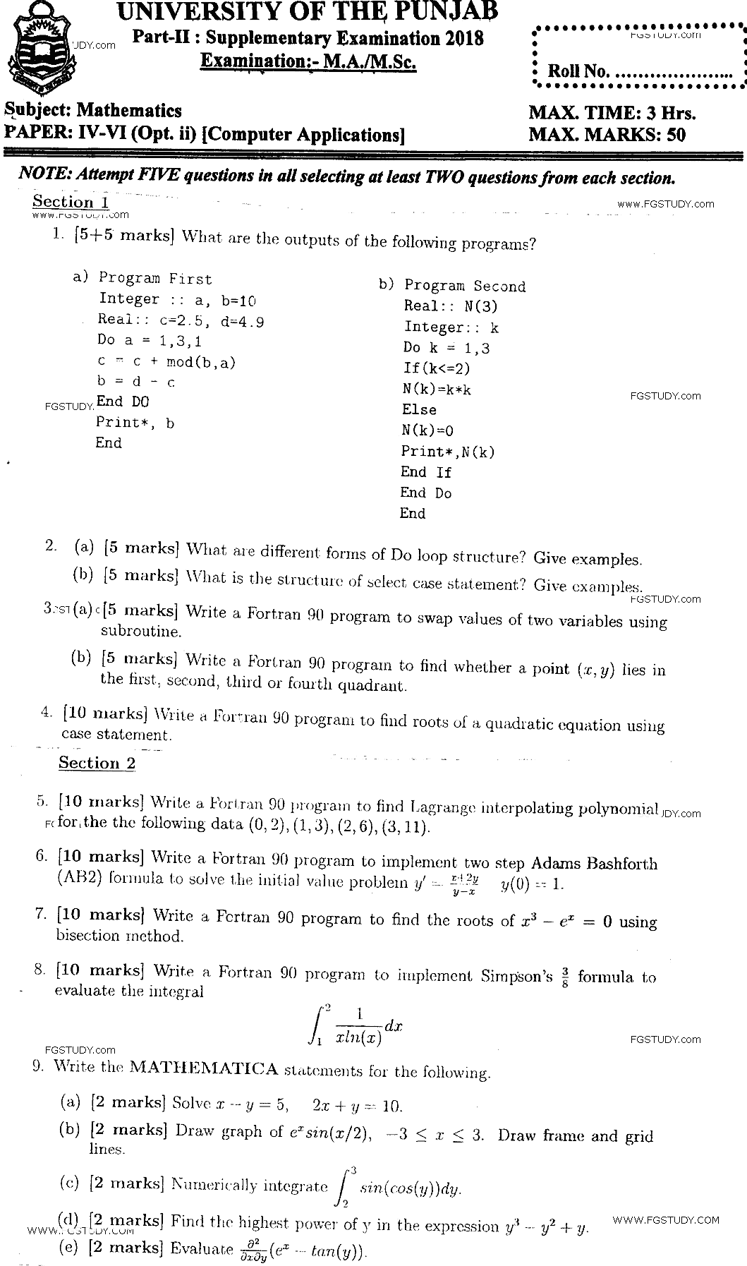MSc Part 2 Mathematics Computer Applications Past Paper 2018 Punjab University Subjective