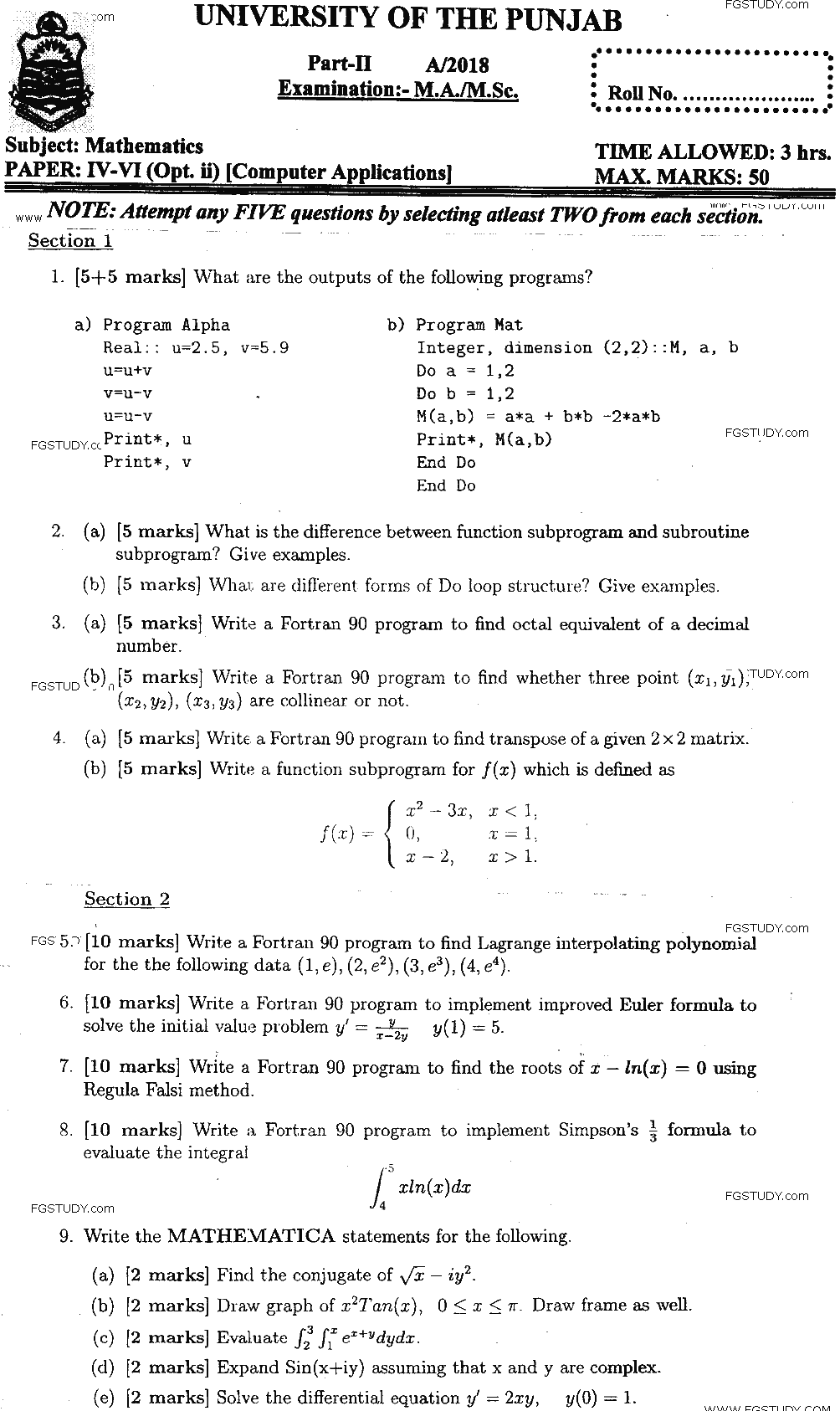MSc Part 2 Mathematics Computer Applications Past Paper 2018 Punjab University Subjective
