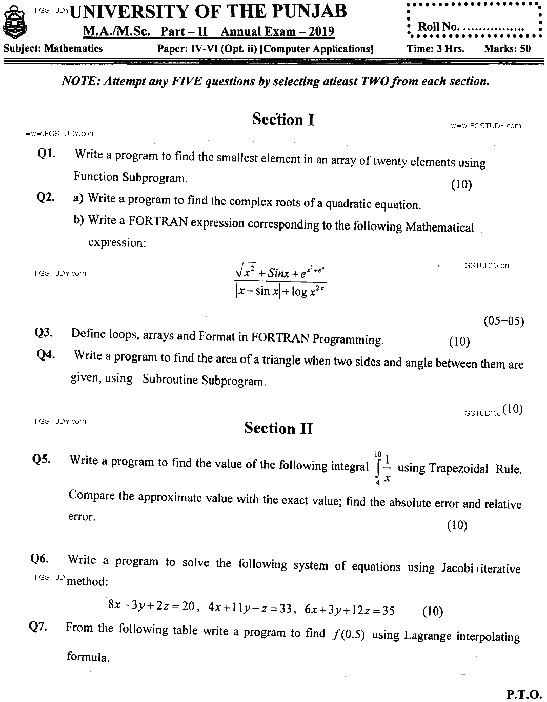 MSc Part 2 Mathematics Computer Applications Past Paper 2019 Punjab University Subjective