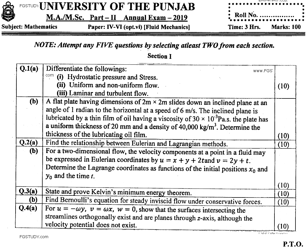 MSc Part 2 Mathematics Fluid Mechanics Past Paper 2019 Punjab University Subjective