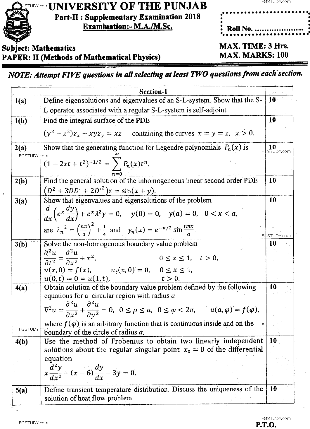 MSc Part 2 Mathematics Methods Of Mathematical Physics Past Paper 2018 Punjab University Subjective
