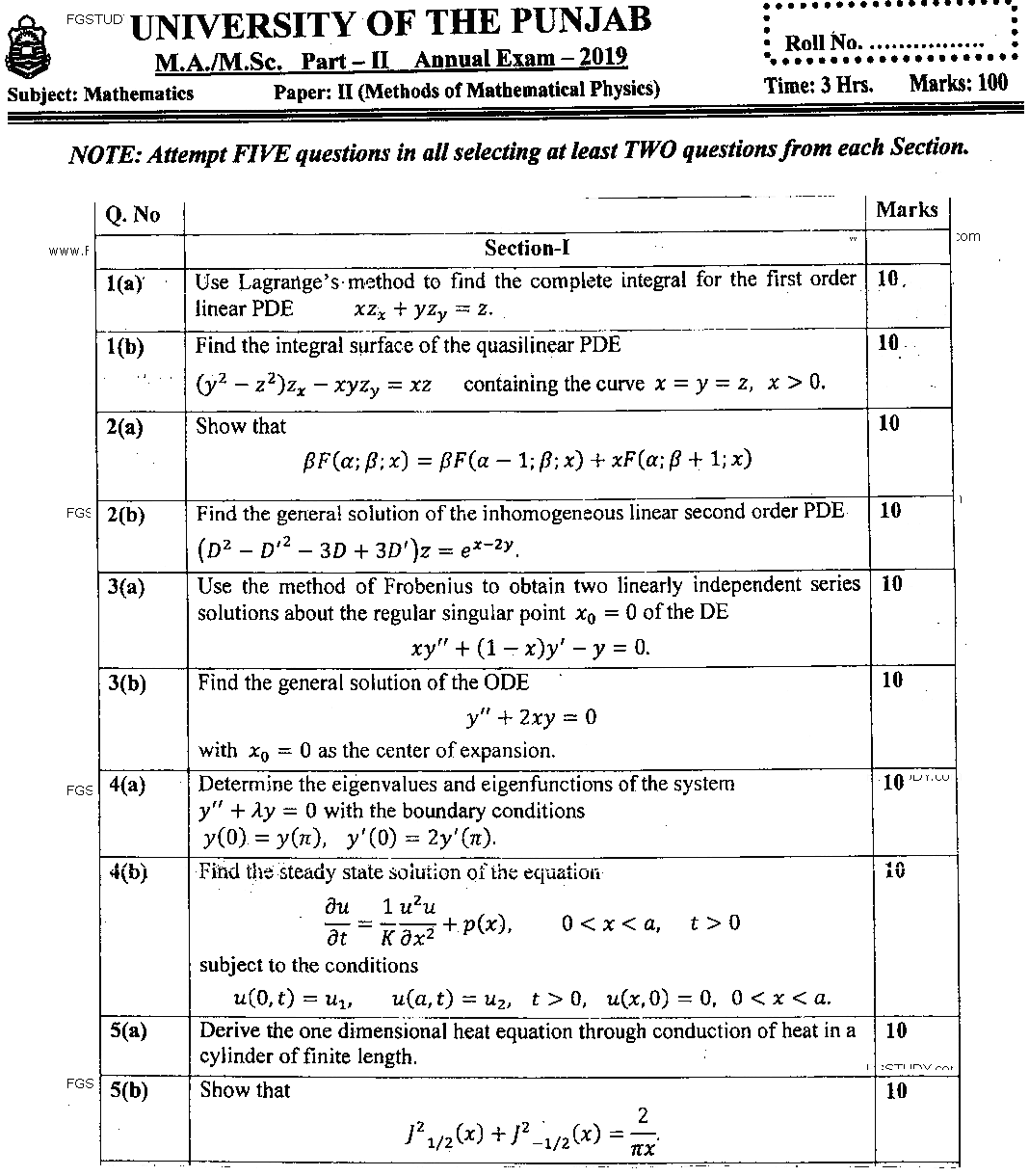 MSc Part 2 Mathematics Methods Of Mathematical Physics Past Paper 2019 Punjab University Subjective