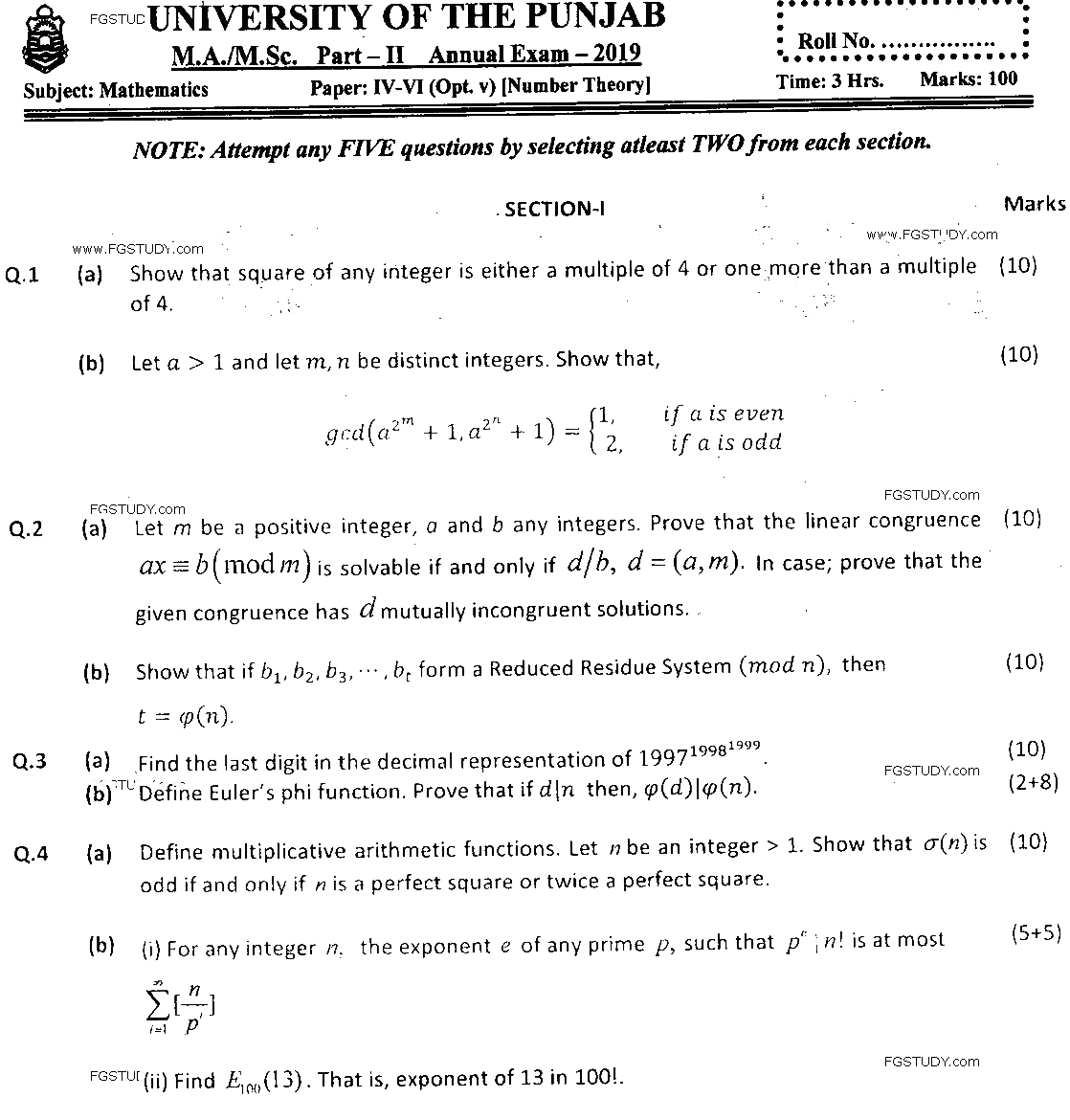MSc Part 2 Mathematics Number Theory Past Paper 2019 Punjab University Subjective