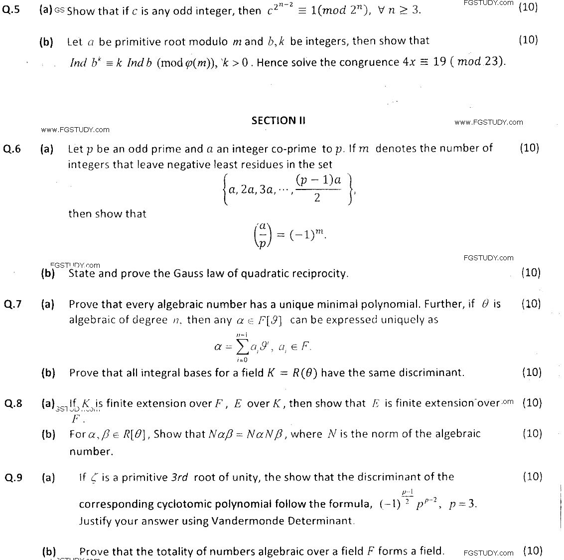 MSc Part 2 Mathematics Number Theory Past Paper 2019 Punjab University Subjective