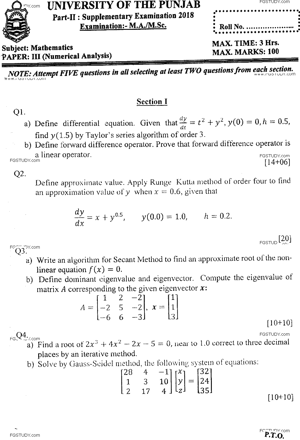 MSc Part 2 Mathematics Numerical Analysis Past Paper 2018 Punjab University Subjective