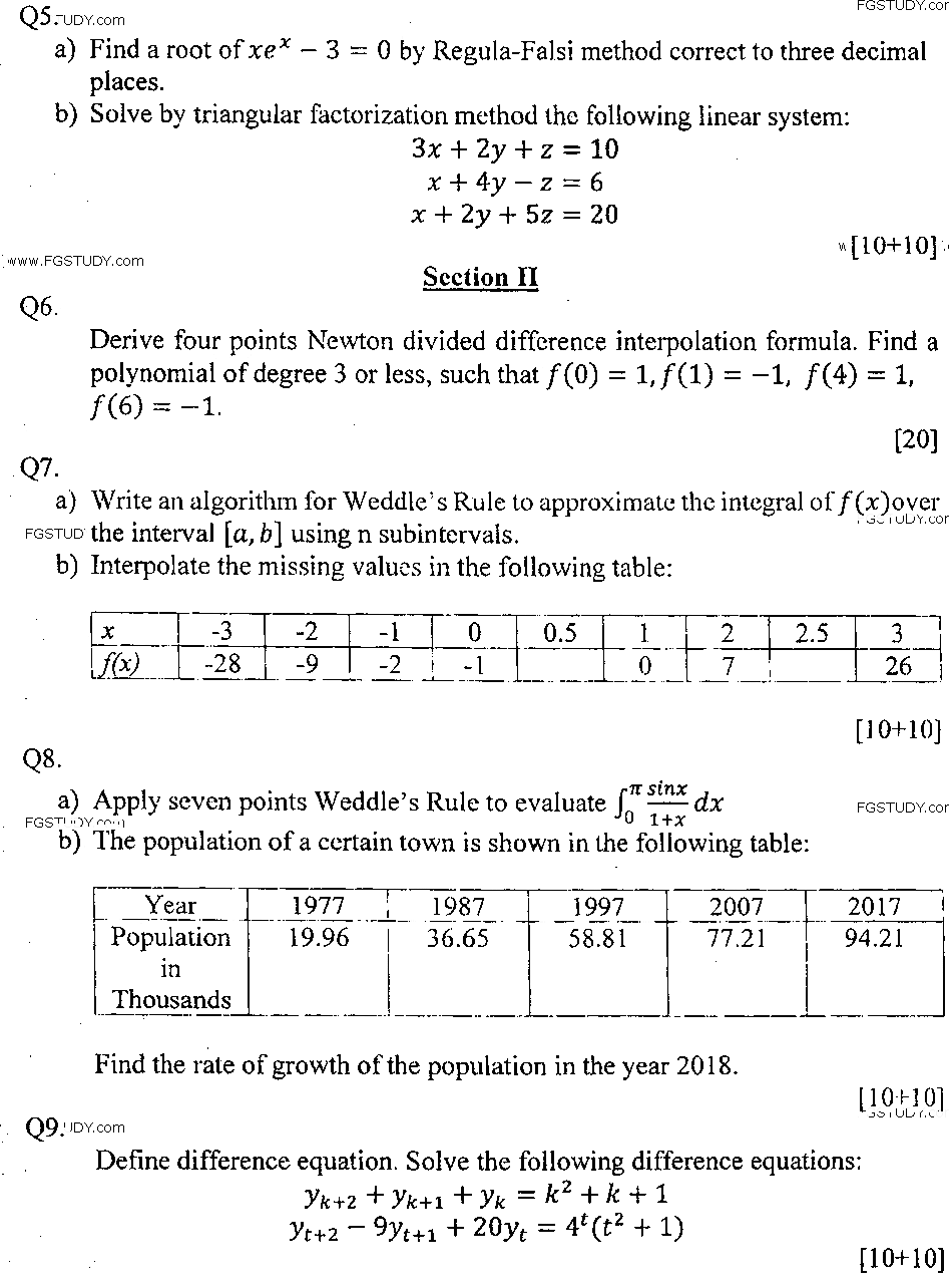 MSc Part 2 Mathematics Numerical Analysis Past Paper 2018 Punjab University Subjective