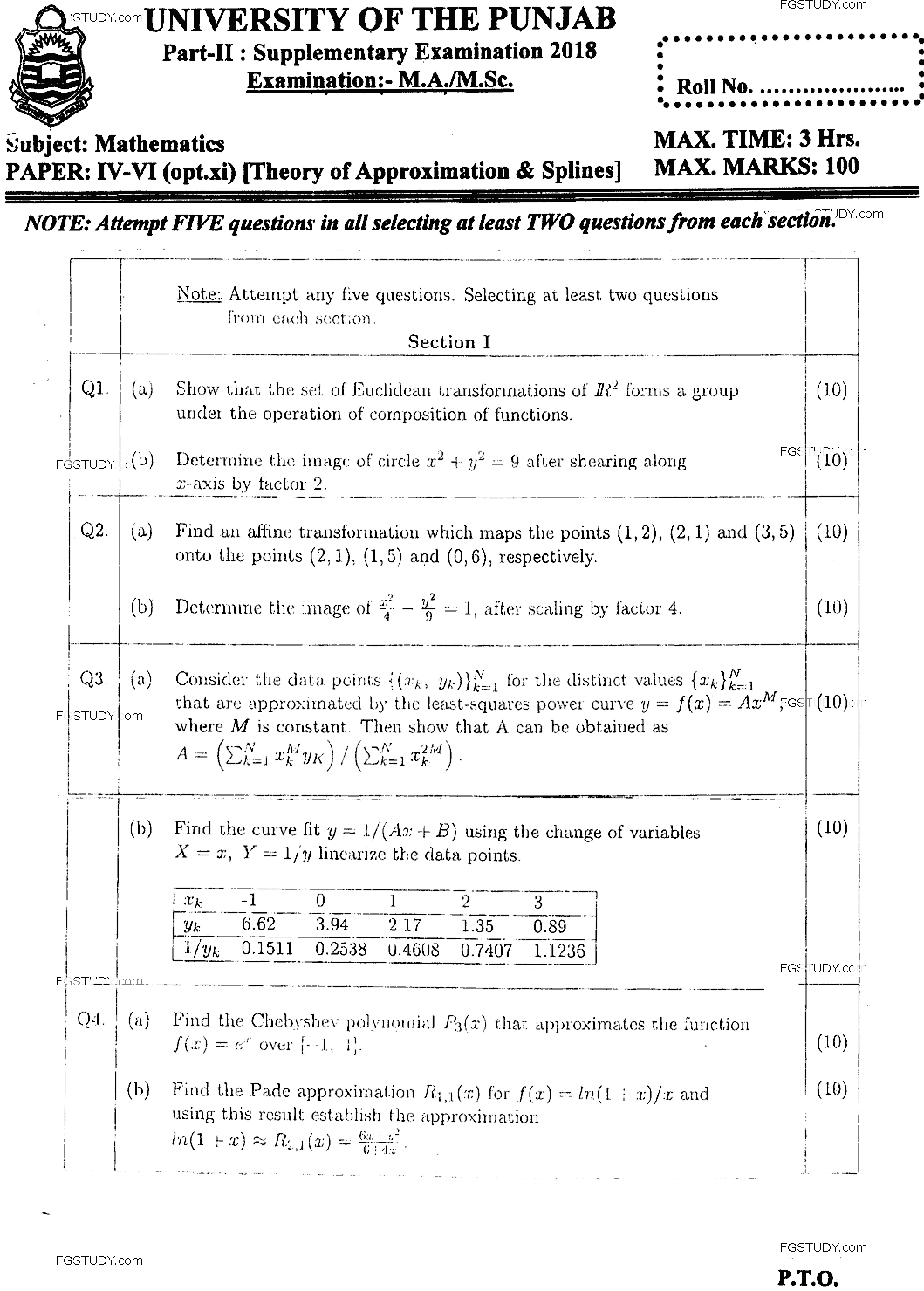 MSc Part 2 Mathematics Theory Of Approximation And Splines Past Paper 2018 Punjab University Subjective