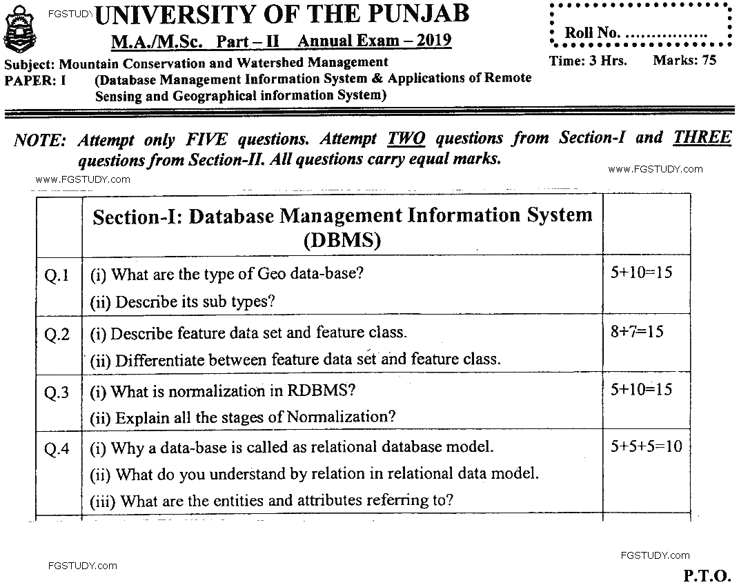 MSc Part 2 Mountain Conservation And Watershed Management Database Management Information System And Applications Of Remote Sensing And Geographical Information System Past Paper 2019 Punjab University Subjective