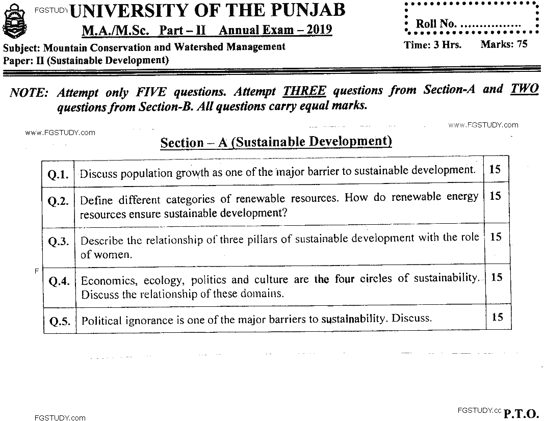 MSc Part 2 Mountain Conservation And Watershed Management Sustainable Development Past Paper 2019 Punjab University Subjective