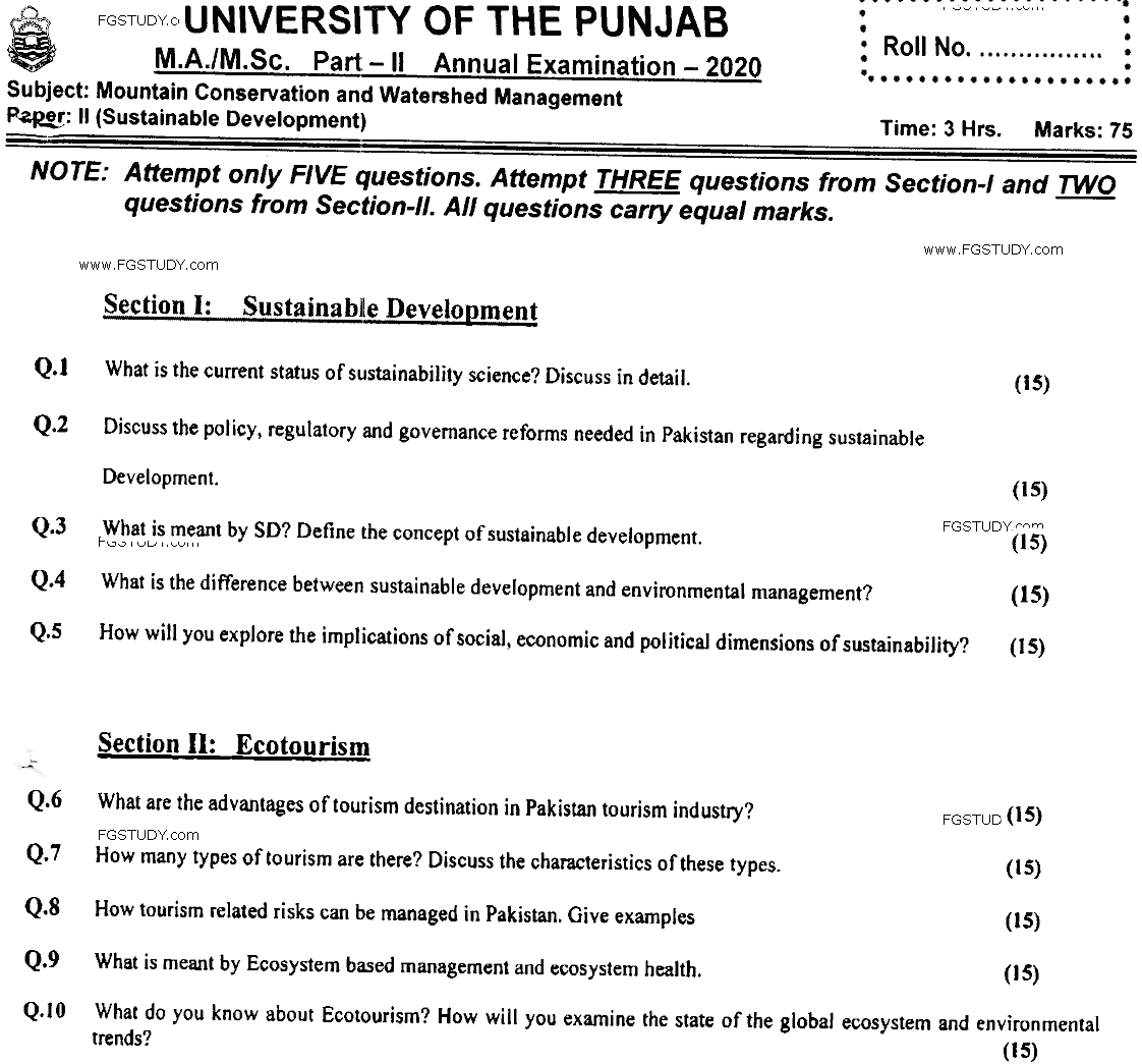 MSc Part 2 Mountain Conservation And Watershed Management Sustainable Development Past Paper 2020 Punjab University Subjective