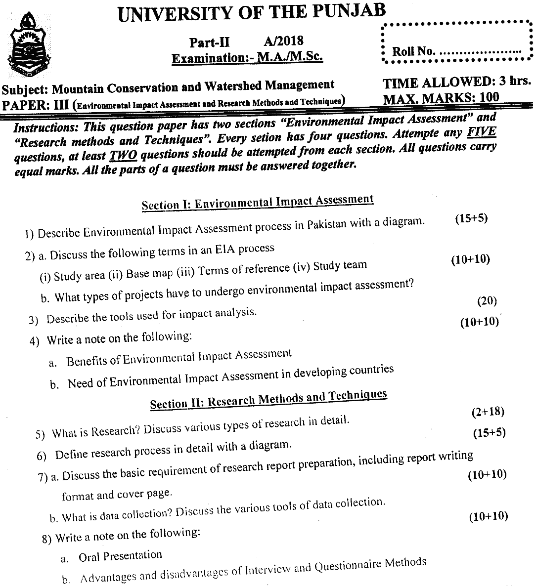 MSc Part 2 Mountain Conversation And Watershed Management Environmental Impact Assessment And Research Methods And Techniques Past Paper 2018 Punjab University Subjective