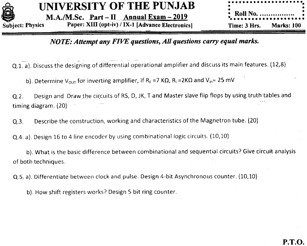 MSc Part 2 Physics Advance Electronics Past Paper 2019 Punjab University Subjective