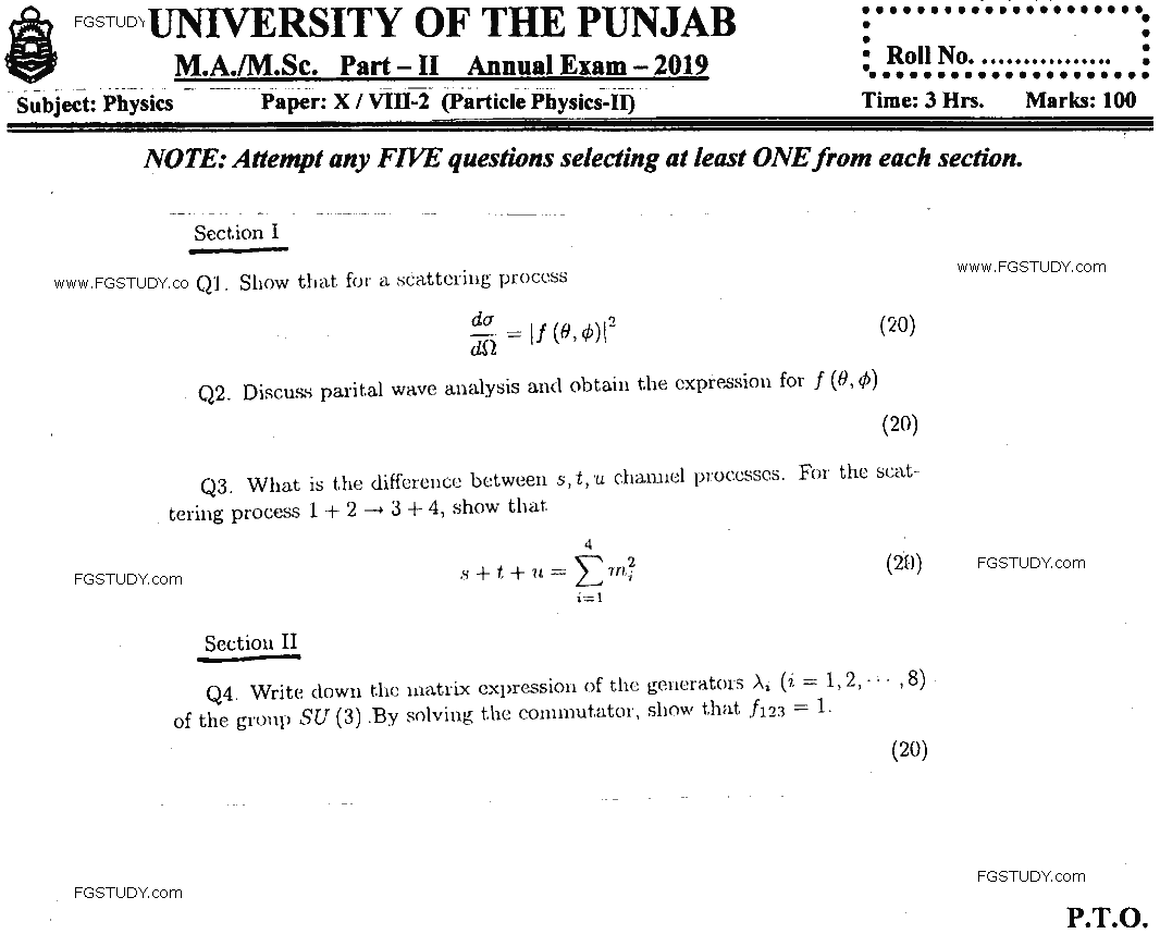 MSc Part 2 Physics Particle Physics 2 Past Paper 2019 Punjab University Subjective