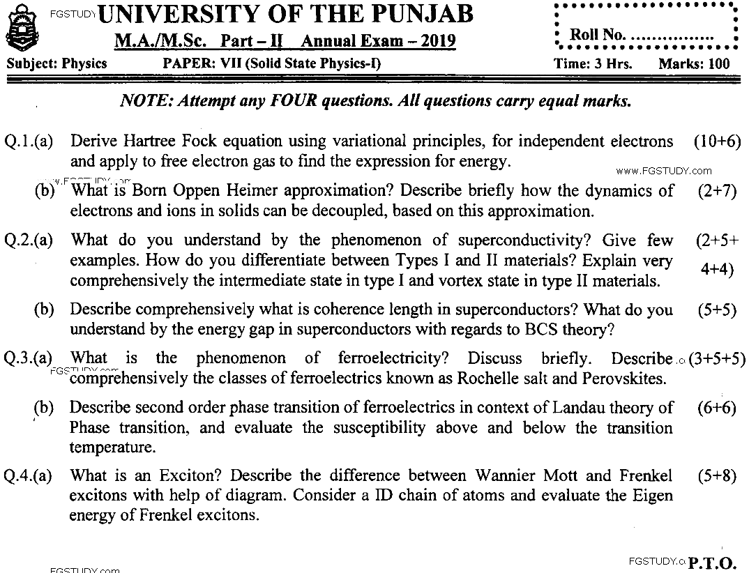 MSc Part 2 Physics Solid State Physics 1 Past Paper 2019 Punjab University Subjective