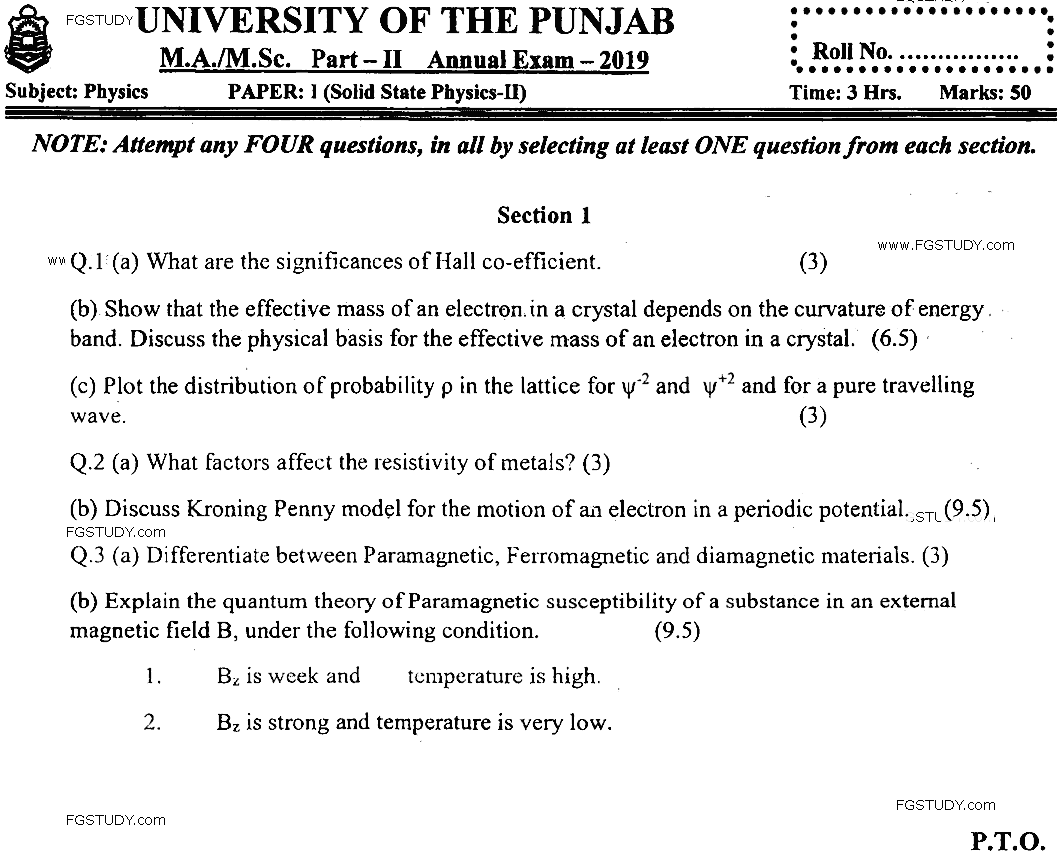 MSc Part 2 Physics Solid State Physics 2 Past Paper 2019 Punjab University Subjective