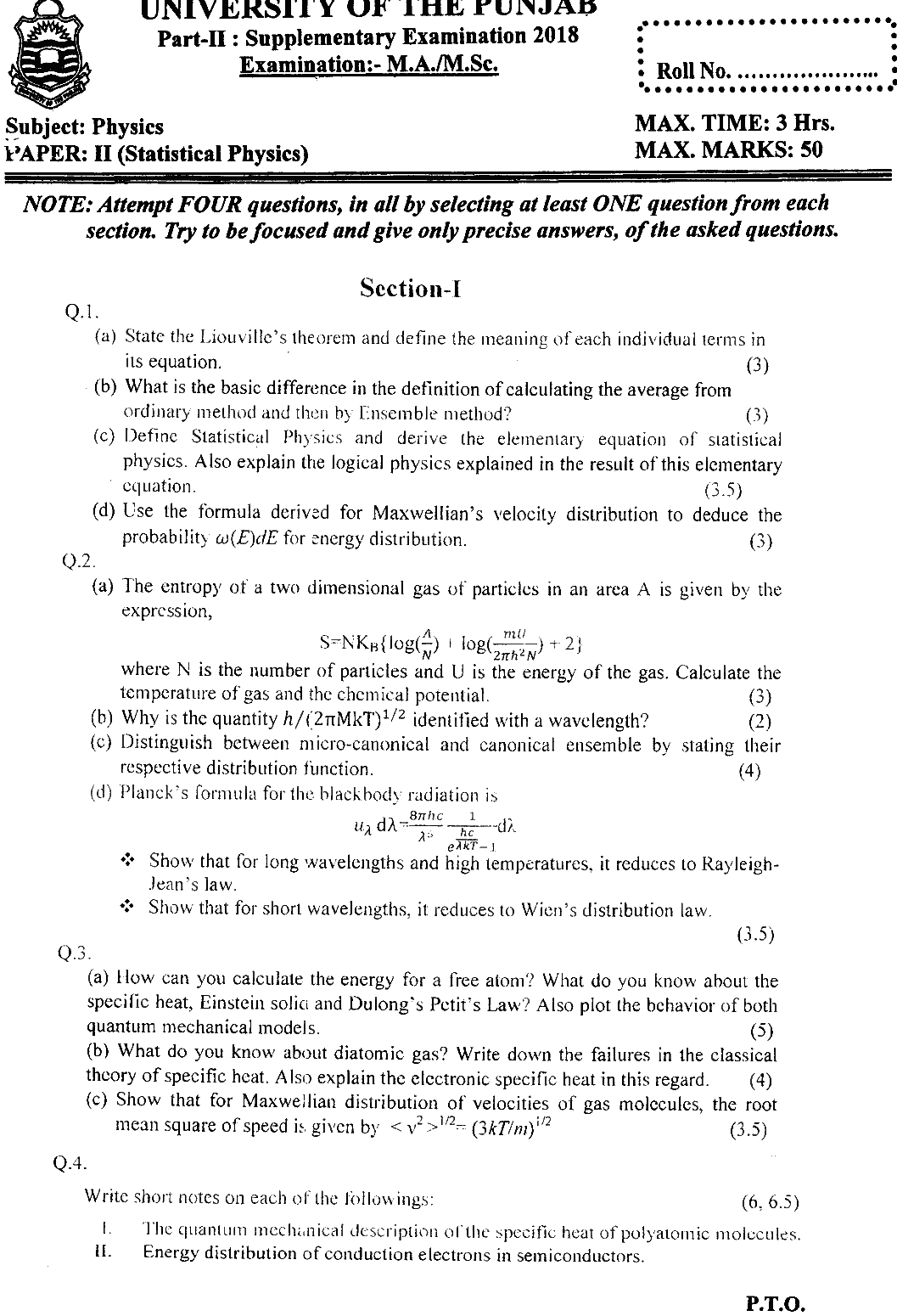 MSc Part 2 Physics Statistical Physics Past Paper 2018 Punjab University Subjective