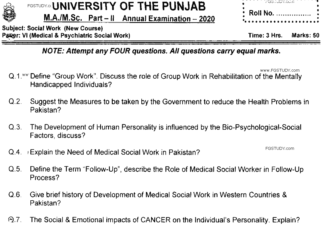 MSc Part 2 Social Work Medical And Psychiatric Social Work Past Paper 2020 Punjab University Subjective