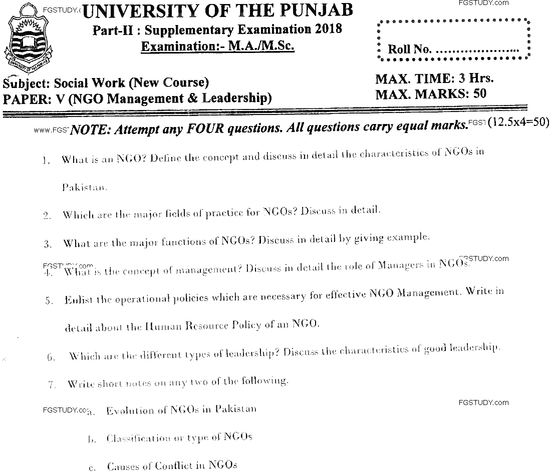 MSc Part 2 Social Work Ngo Management And Leadership Past Paper 2018 Punjab University Subjective