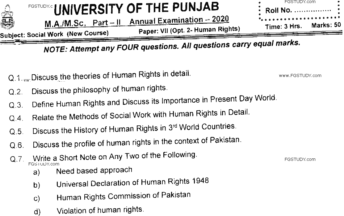 MSc Part 2 Social Work Option 2 Human Rights Past Paper 2020 Punjab University Subjective