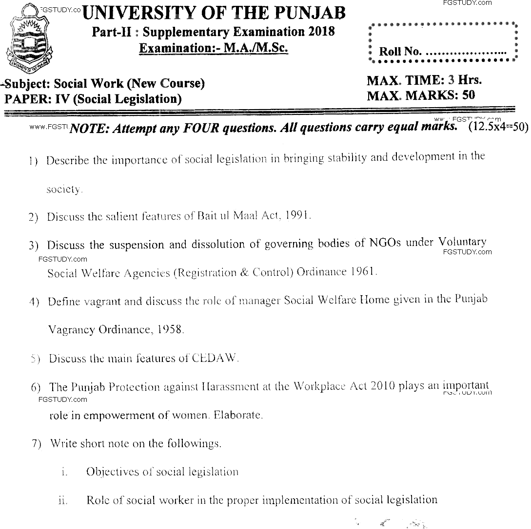 MSc Part 2 Social Work Social Legislation Past Paper 2018 Punjab University Subjective