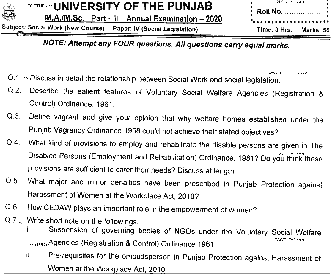 MSc Part 2 Social Work Social Legislation Past Paper 2020 Punjab University Subjective
